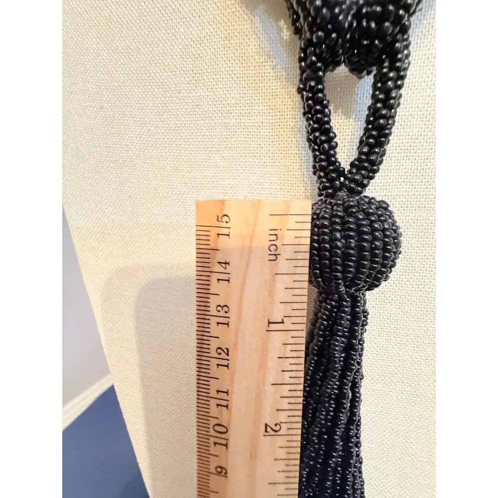 Vintage NOS Handmade Black Beaded Tassel Necklace 30”